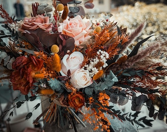 Fall pampas rust orange wedding bouquet / dark teal / cream / beige bridal bouquet