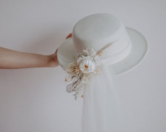 chapeau de mariée blanc / voile de fleurs séchées / voile de mariée / floral artificiel / chapeau de fleurs séchées