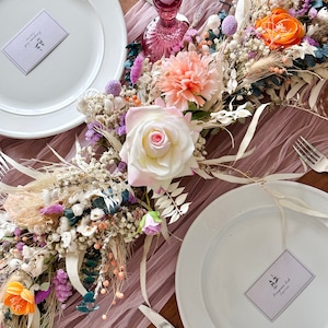 Decorazione da tavolo per matrimonio primaverile ed estivo / ghirlanda da tavolo per matrimonio / viola rosa arancione / prato di fiori secchi di campo