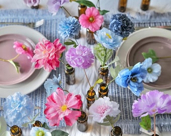 Mixed silk flower for bud vase / Hot Pink / Blue / Lilac / Purple / wildflower loose stems / artificial flower table decor