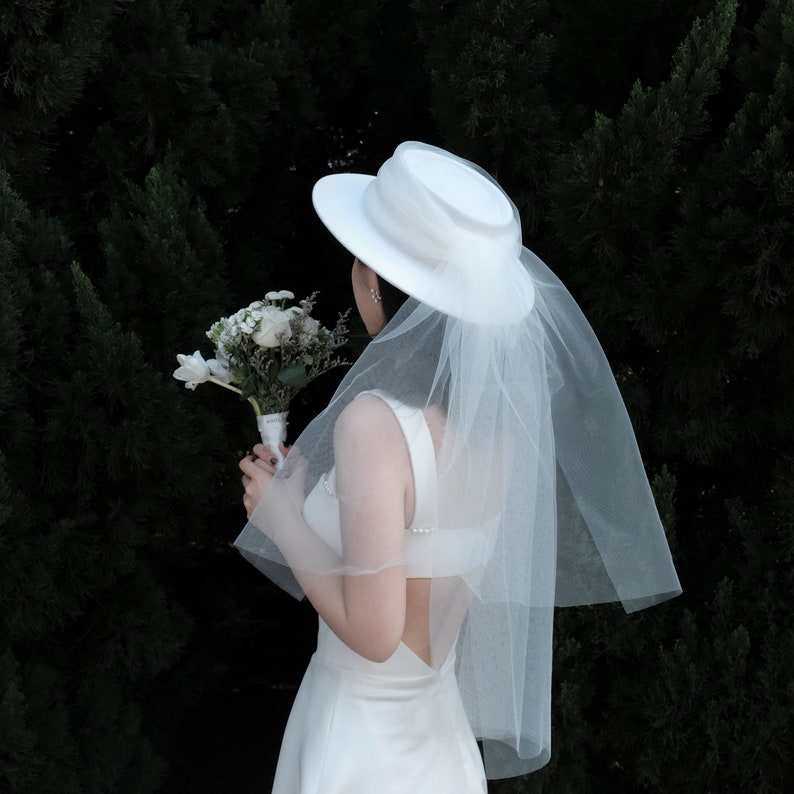 Sombrero blanco nupcial con velo para boda / Boho Tiara / Sombrero de boda / Velo nupcial imagen 6