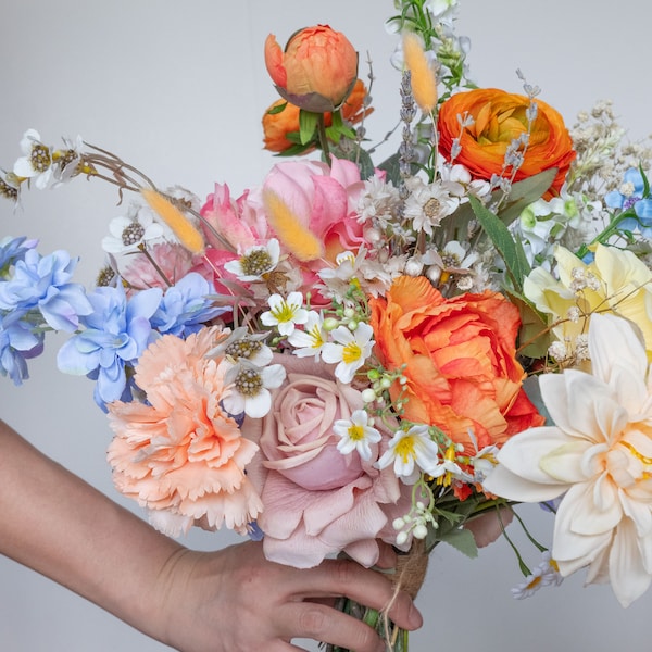 Summer wedding bridal bouquet/ wildflowers / peonies / rose silk flowers