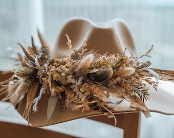Dried flower Bridal Hat / White Fedora Hat / Dried Flower Crown / Bridal Crown / Dried Flower Tiara / Boho Tiara / boho Headpiece