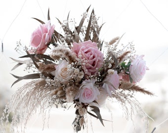 Flor de boda rosa polvoriento / ramo de novia / boda boho / ramo rosa blash / rosas rosa pastel / hierba pampas
