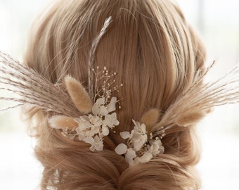 Ensemble de 2 épingles à cheveux en pampa / hortensia blanc / peigne bohème de fleurs séchées / couronne de fleurs / diadème de mariée / chapeau de mariée / voile de mariée
