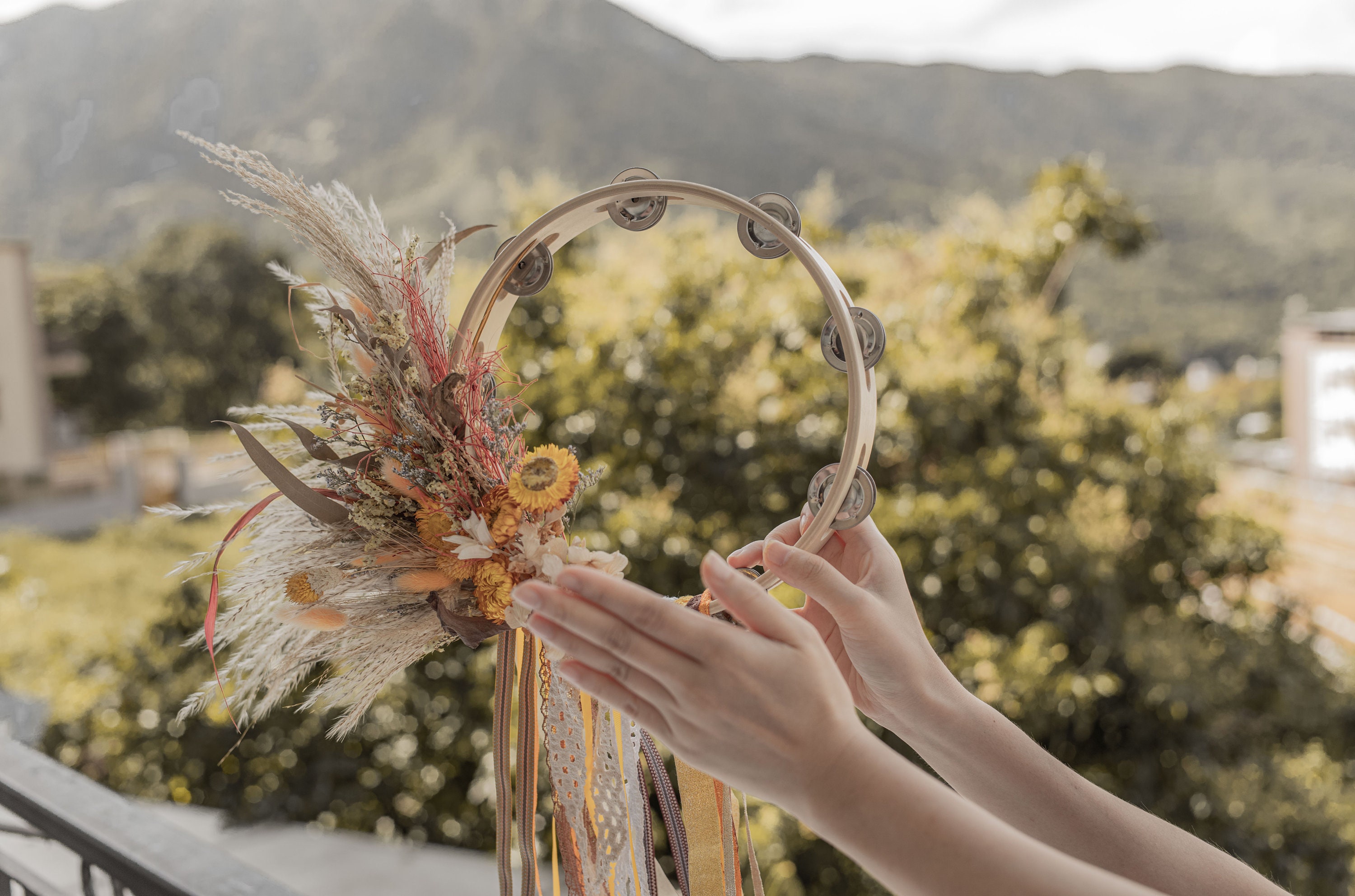 Boho Wedding Tambourine Bouquet: Dried Flowers & Ribbons - Etsy