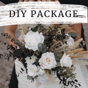 Pacote de buquê de casamento faça você mesmo/ folhagens e rosas brancas/ buquê de casamento elegante