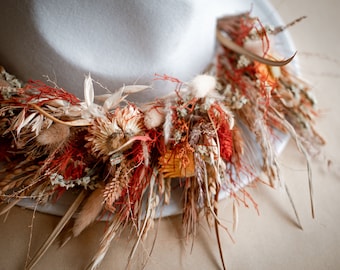 Boho wedding white hat / bridal hat / cow boy / rustic terracotta wedding / burnt orange / Dried flower crown