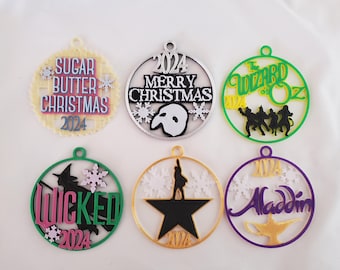 2024 Broadway Musical  Ornaments including Wicked, Phantom, Hamilton, Waitress, Aladdin or Wizard of Oz