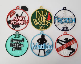 Broadway Ornaments Newsies, Frozen, Jagged Little Pill, Mary Poppins, Matilda, Into the Woods