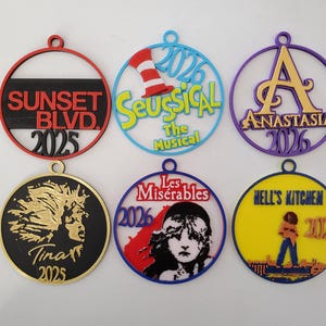 Broadway Ornaments Les Miserables, Anastasia, Sunset Blvd, Tina, Hell's Kitchen, Seussical