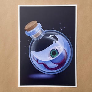 May include: A glass bottle with a cork stopper contains a floating, fleshy, human eye with a green iris. The bottle is on a dark background.