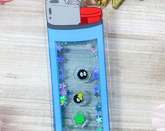 Blue Soot Sprite Shaker Acrylic Keychain Kawaii Lighter Anime Keychain Cute Double Sided Keychain