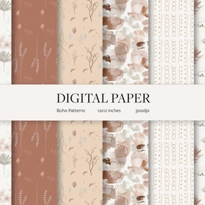 Boho Digital Paper Pack / 6pcs / Seamless Patterned Paper / Digital Scrapbook Paper / Botanical Floral Backgrounds / Commercial Use