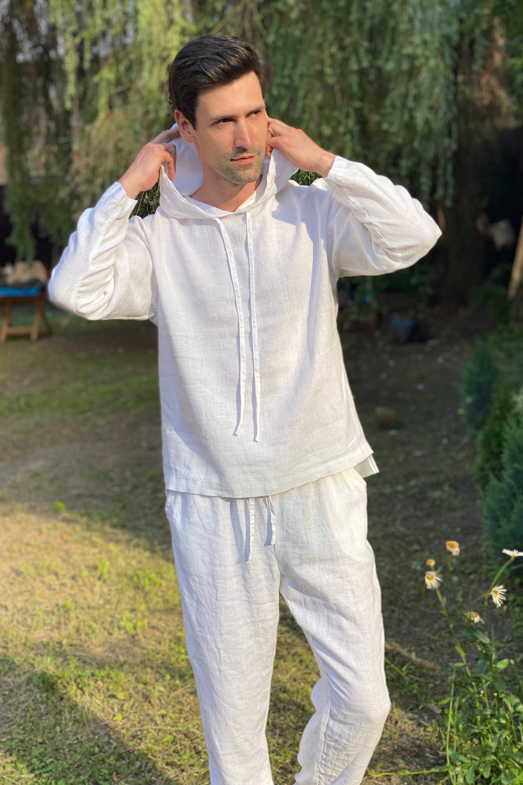 White linen summer men's hoodie with long sleeves. Can be Etsy