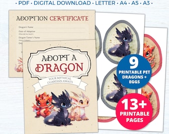 Adopt a Dragon Party Favors Printables, Pet Dragon Adoption Certificate, Adopt a Pet Dragon Birthday Party Decor Sign, Kids Game Activity