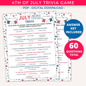 Fourth of July Trivia Game, 4th of July Printable Party Game, USA Patriotic Game, 4th of July Game for Kids & Adults, Independence Day Games