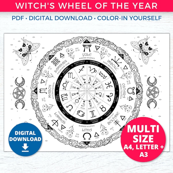 Wheel of the Year Wicca Grimoire Printable Coloring Pages For Adults | Witch Calendar | Celtic Witchcraft | Baby Green Witch | Pagan