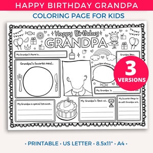 Joyeux anniversaire grand-père page à colorier, tout sur grand-père, feuille d'activités imprimable pour enfants, carte-cadeau d'anniversaire pour grand-père grand-père (enfant)