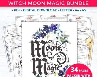 Moon Magick & Witch Moon Phases Calendar | Witchcraft Printable Grimoire Pages For Book of Shadows, Witchy Planner Journal or Binder (BW)