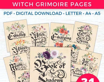 Witch Planner Dividers For Book of Shadows Grimoire Pages, Digital Grimoire Printable Witchy Journal Kit, Wicca Green Witch, A4 A5 US Letter