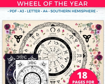 Southern Hemisphere Wheel of the Year Wicca Grimoire Printable Kit | Witch Calendar | Witchcraft Magic Tools | Green Witch Book of Shadows