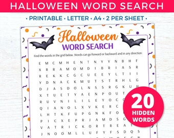 Halloween Word Search, Printable Halloween Games, Halloween Puzzle Activities for Kids Adults, Fall Halloween Party Game, Spooky Word Find