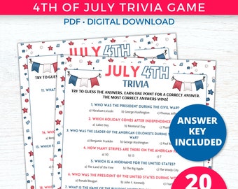 4th of July Trivia Printable, 4th of July Games, Independence Day, Fourth of July Games Family Trivia Question Quiz, USA Patriotic Party
