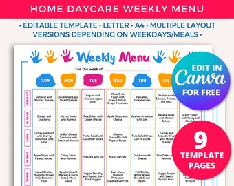 May include: A printable weekly menu template for a home daycare. The template is divided into days of the week and meal times. Each day has a list of food options, including breakfast, snack, lunch, and dinner. The template is editable and can be customized to fit the needs of the daycare. The text "EDIT IN Canva FOR FREE" is at the top right corner of the template. The text "9 TEMPLATE PAGES" is at the bottom right corner of the template.