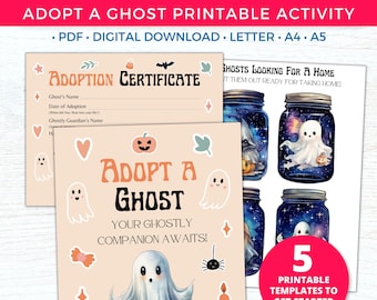 Adopt a Ghost Party Favors Printables, Halloween Ghost Activities, Pet Adoption Certificate, Ghost in a Jar Bottle Gift Halloween Party Sign