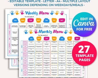 May include: A printable daycare weekly and monthly menu template with 27 pages. The template is editable and can be customized for different days of the week and meals. The template features a colorful design with handprints and the text "Edit in Canva for Free".