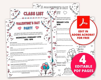 May include: Editable PDF flyer for a Valentine's Day party at a daycare. The flyer includes a class list, party details, and a section for parent volunteers and contributions. The flyer is decorated with hearts, balloons, and confetti.
