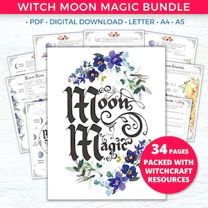 Moon Magick & Witch Moon Phases Calendar | Witchcraft Printable Grimoire Pages For Book of Shadows, Witchy Planner Journal or Binder (BW)