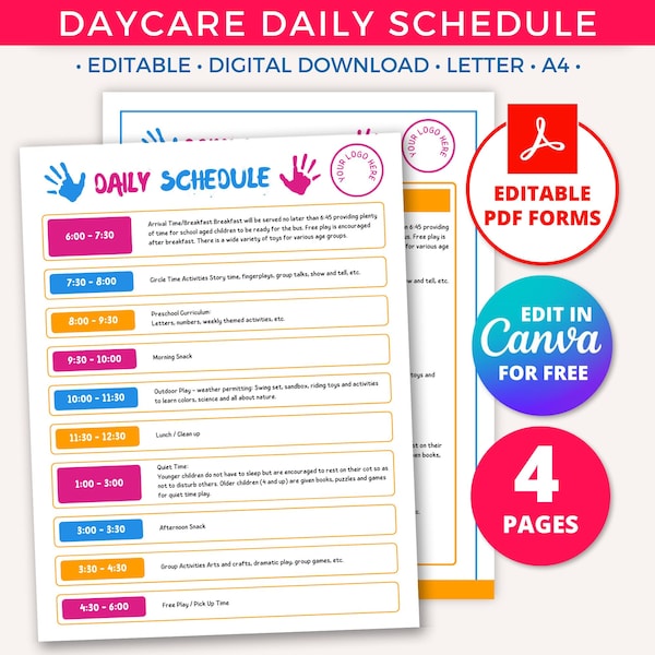 In Home Daycare Daily Schedule Template, Toddler Schedule Template, Daycare Schedule for Kids Childcare Preschool Homeschool Printable Forms