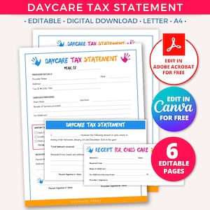 Home Daycare Tax Statement Forms, Daycare Tax Tracking for Year End, Preschool Childcare Nanny Tuition Receipt Template, Tax Log Binder
