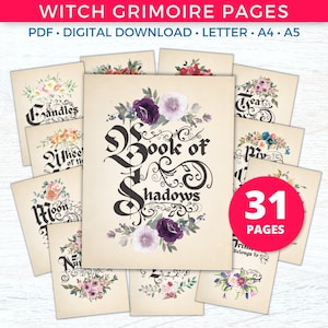 Pode incluir: Um conjunto de 31 páginas imprimíveis para um grimório de bruxa, com desenhos florais e o texto "Livro das Sombras".