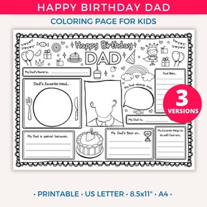 Alles über meinen Vater, Happy Birthday Dad Malseite, Alles über meinen Vater, Happy Birthday Dad Tischset Aktivitätsblatt, Geburtstagsgeschenk für Dad, Daddy, Papa von Kids