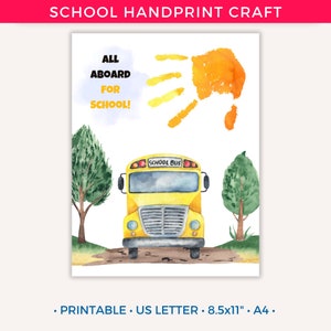 Back to School Handprint Printable Craft, Back to School Bus Handprint Art, My First Day of School Handprint, Preschool Activity Keepsake