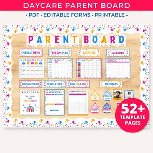 Kit de quadro de avisos de creche para pais, formulários de creche, comunicação com pais de cuidados infantis, sala de aula pré-escolar, cartas de quadro de avisos, bordas