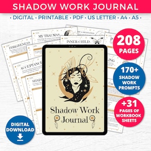 May include: A digital download for a shadow work journal with 208 pages, 170+ shadow work prompts, and 31 pages of workbook sheets. The cover features a black and gold illustration of a woman with a crescent moon and stars. The text "Shadow Work Journal" is in gold lettering.