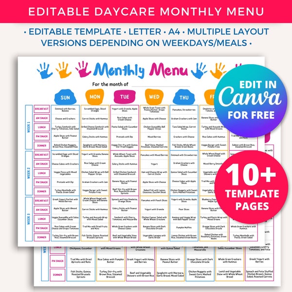 Editable Daycare Monthly Menu Template, In Home Daycare Daily Schedule for Menu Planning Homeschool Childcare Preschool Meal Planner Morning