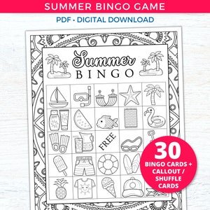 Tarjetas de bingo de verano, actividades de verano imprimibles para colorear para niños, juegos familiares de verano, juegos de fiesta en la piscina, actividades de viaje, bingo en la playa