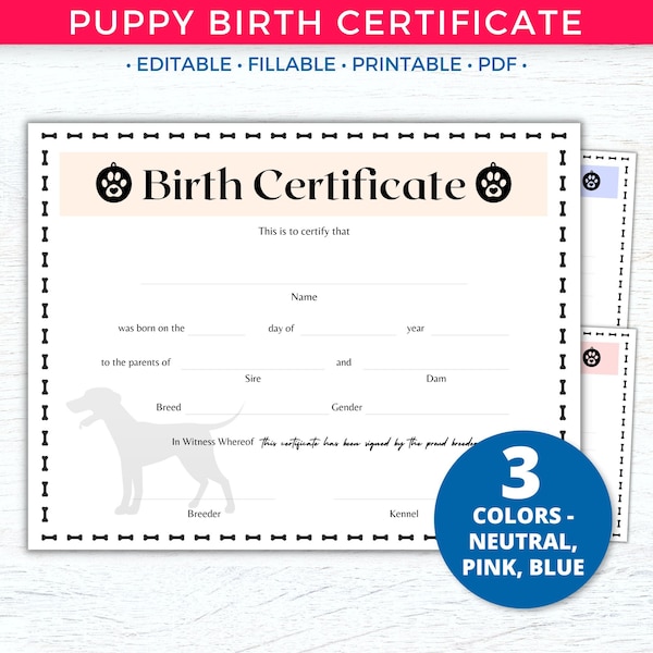 Fillable Puppy Birth Certificate, Breeder Puppy Pack, Dog Breeder Records, Dog Breeder Forms, Printable Dog Record, New Puppy Records, Pet