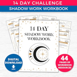 Puede incluir: Una descarga digital de un cuaderno de trabajo de sombra de 14 días con 44 páginas de recursos. La portada presenta una luna creciente negra con una estrella dorada y un círculo dorado en el centro. El título "14 Day Shadow Work Workbook" está en letras doradas.