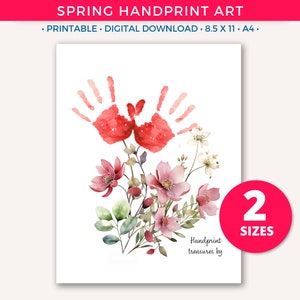 Druckbare Frühlingsblume Handabdruck Bouquet Handabdruck Kunst, DIY Fußabdruck Handwerk Geschenk für Mutter Oma, Kleinkind Baby Andenken, Kinder Aktivitäten