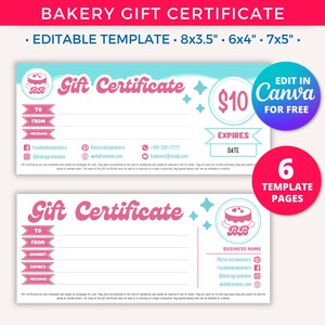 Plantilla de certificado de regalo de panadería, cupón editable para negocios de pasteles, tarjeta personalizable para cupcakes, plantillas imprimibles para negocios de pasteles, pastelería