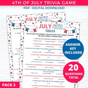 4th of July Trivia Printable, 4th of July Games, Independence Day, Fourth of July Games Family Trivia Question Quiz, USA Patriotic Party