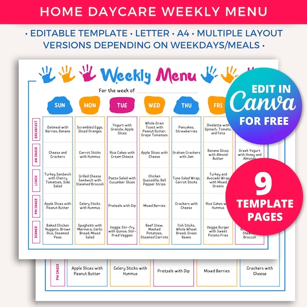 Editable Daycare Weekly Menu Template, Daycare Daily Schedule for Menu Planning, In Home Daycare Menu Preschool Homeschool Childcare Planner