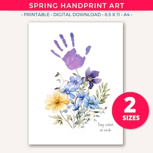 Frühlingsblumen Handabdruck Bouquet Kunst zum Ausdrucken, Muttertag DIY Fußabdruck Handwerk Geschenk für Mutter Oma, Kleinkind Baby Andenken, Kinder Aktivität