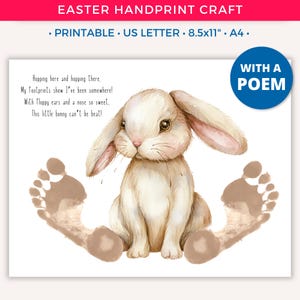 Arte de huellas de conejo de Pascua, manualidad imprimible para niños, recuerdo para niños pequeños, divertidas actividades de Pascua, arte de huellas de manos de primavera para guarderías preescolares